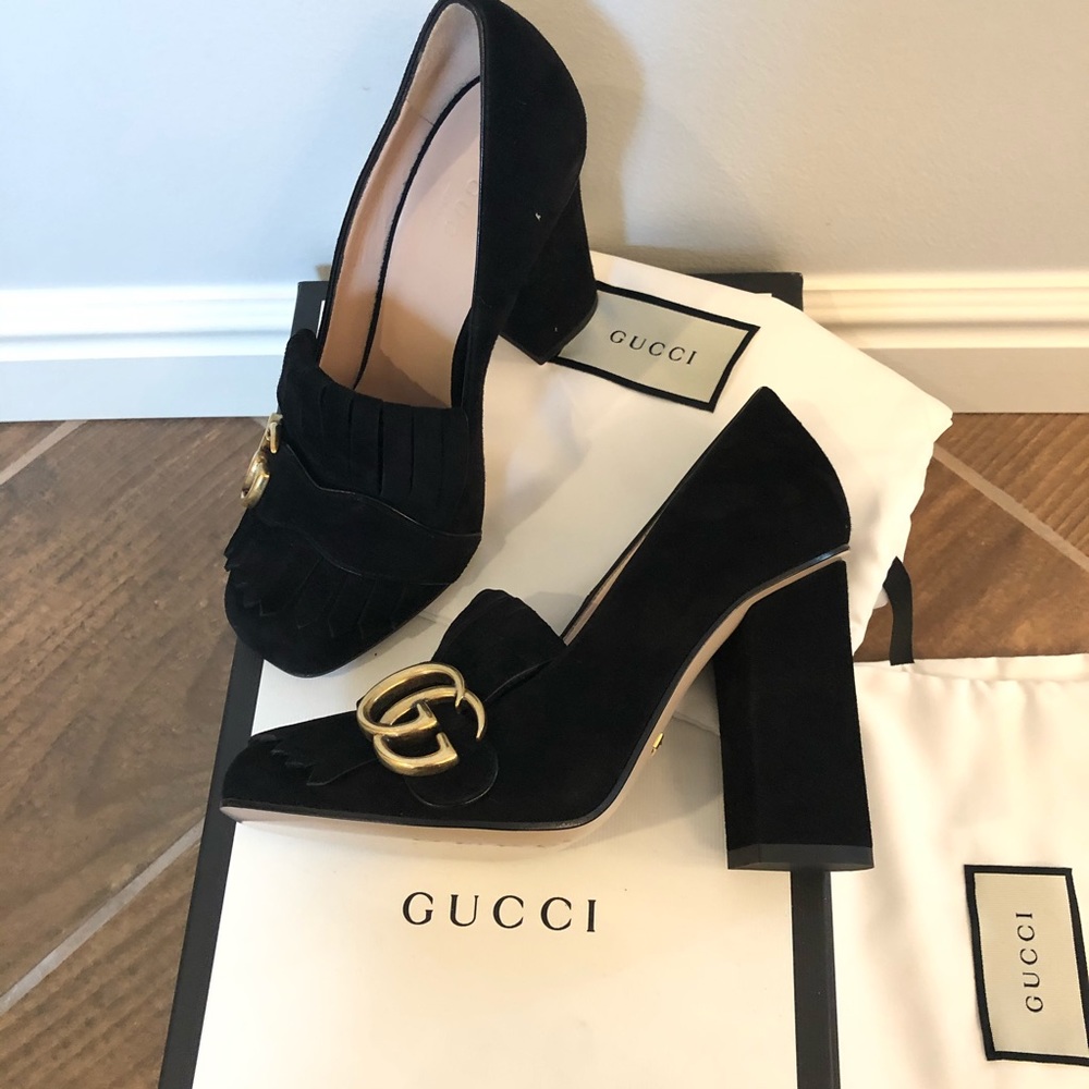 GUCCI Marmont GG Black Suede Fringe Loafer Heel 34 - Picture 3 of 8